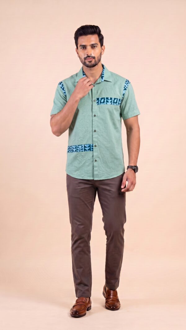 Untitled design - 1 Men Sage Green Teal Blue Cotton Batik Printed Trim Handloom Shirt