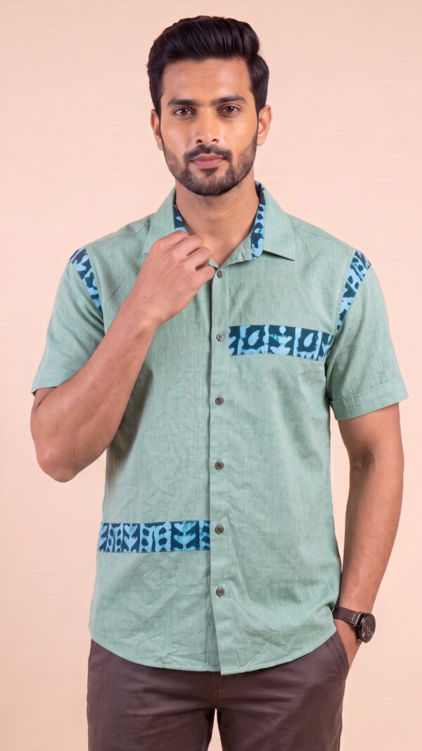 Untitled design - 2 Men Sage Green Teal Blue Cotton Batik Printed Trim Handloom Shirt
