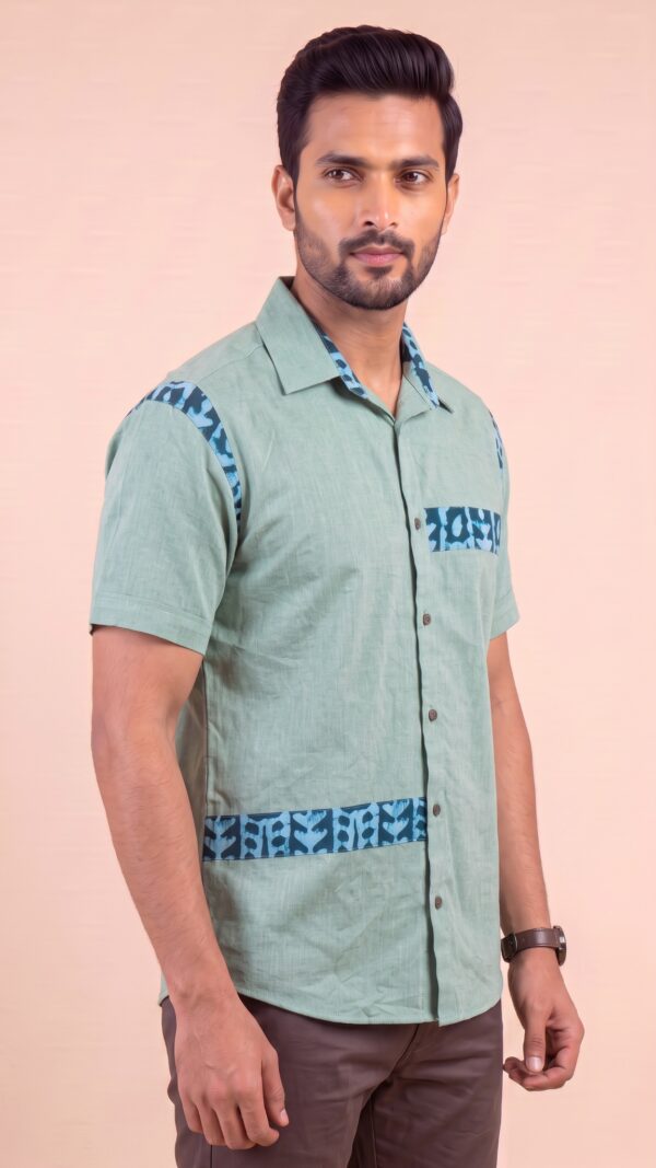 Untitled design - 3 Men Sage Green Teal Blue Cotton Batik Printed Trim Handloom Shirt