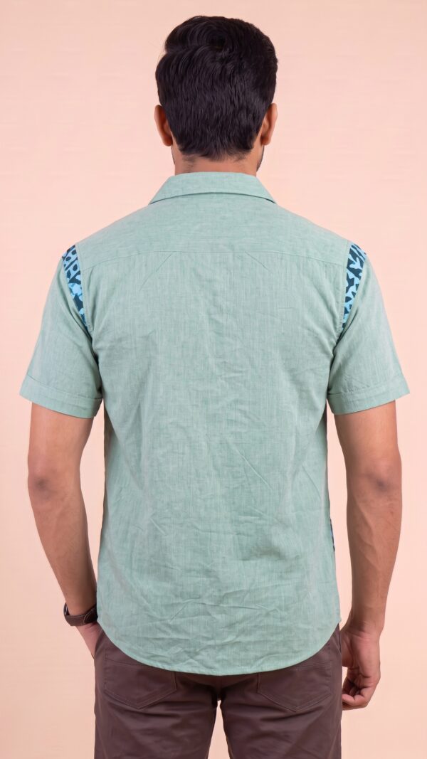Untitled design - 4 Men Sage Green Teal Blue Cotton Batik Printed Trim Handloom Shirt