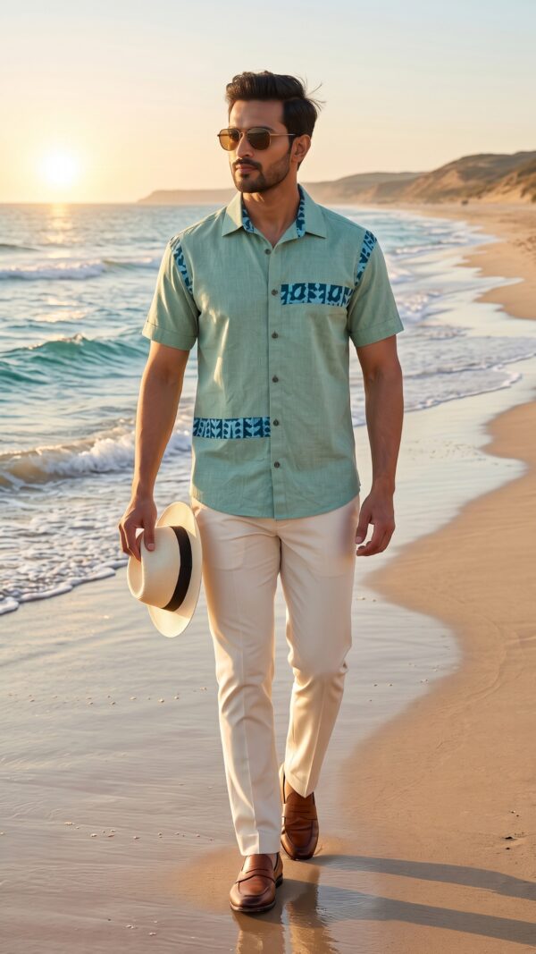 Untitled design - 5 Men Sage Green Teal Blue Cotton Batik Printed Trim Handloom Shirt