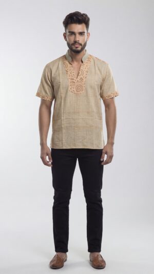 Untitled design - 1 Men Beige Khadi Cotton Tribal Patch Handloom Shirt