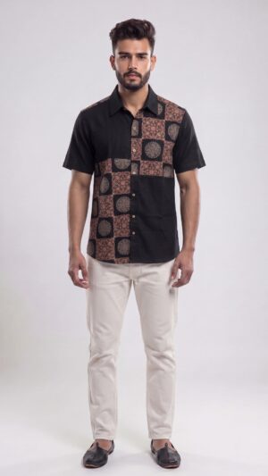Untitled design - 1 Men Black Brown Beige Cotton Block print Handloom Shirt