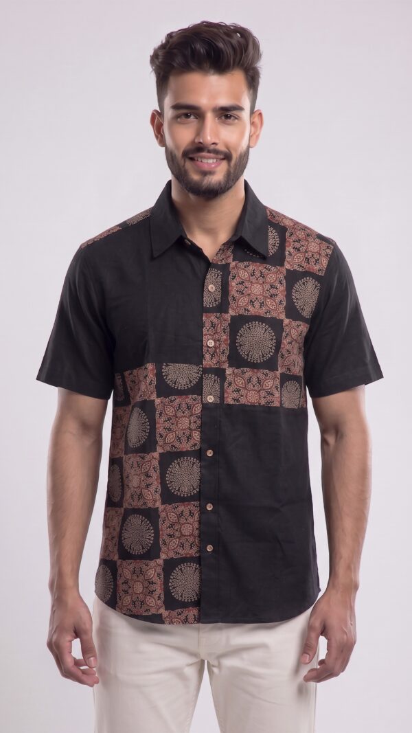 Men Black Brown Beige Cotton Block print Handloom Shirt