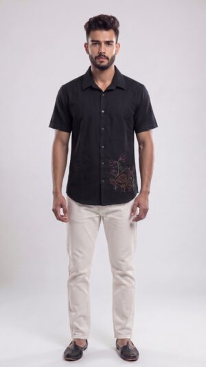 Men Black Cotton Applique  Handloom Shirt