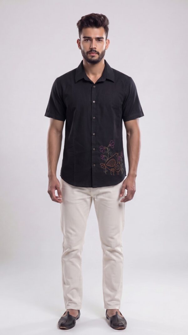 Untitled design - 1 Men Black Cotton Applique Handloom Shirt
