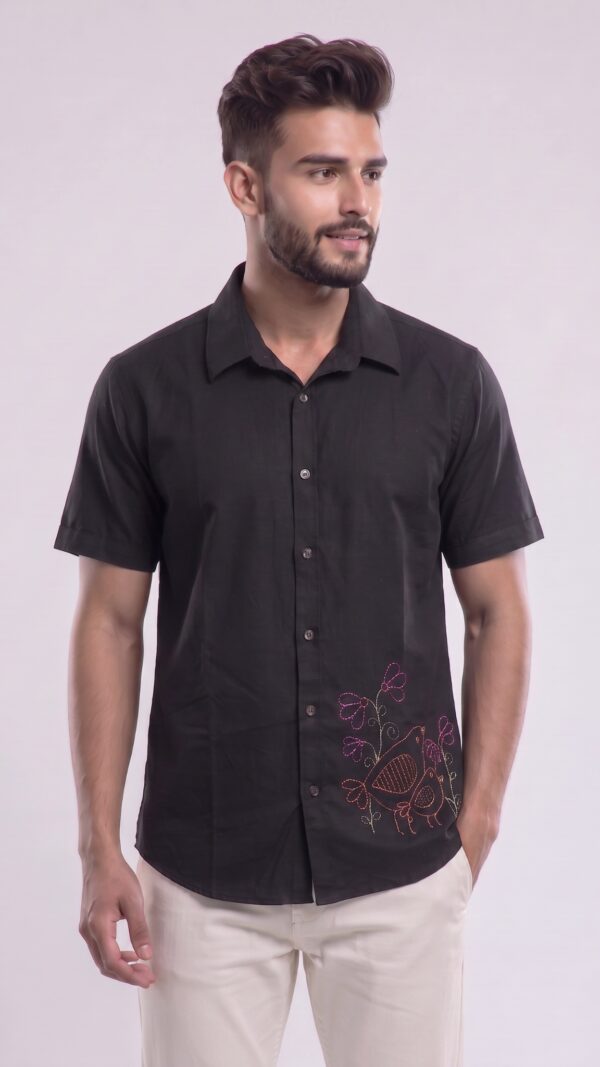 Untitled design - 3 Men Black Cotton Applique Handloom Shirt