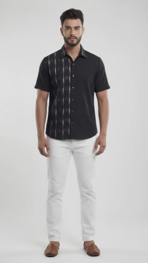 Untitled design - 1 Men Black Grey Cotton Ikat Vertical Pattern Handloom Shirt