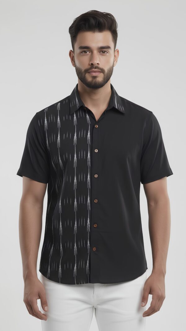 Untitled design - 2 Men Black Grey Cotton Ikat Vertical Pattern Handloom Shirt