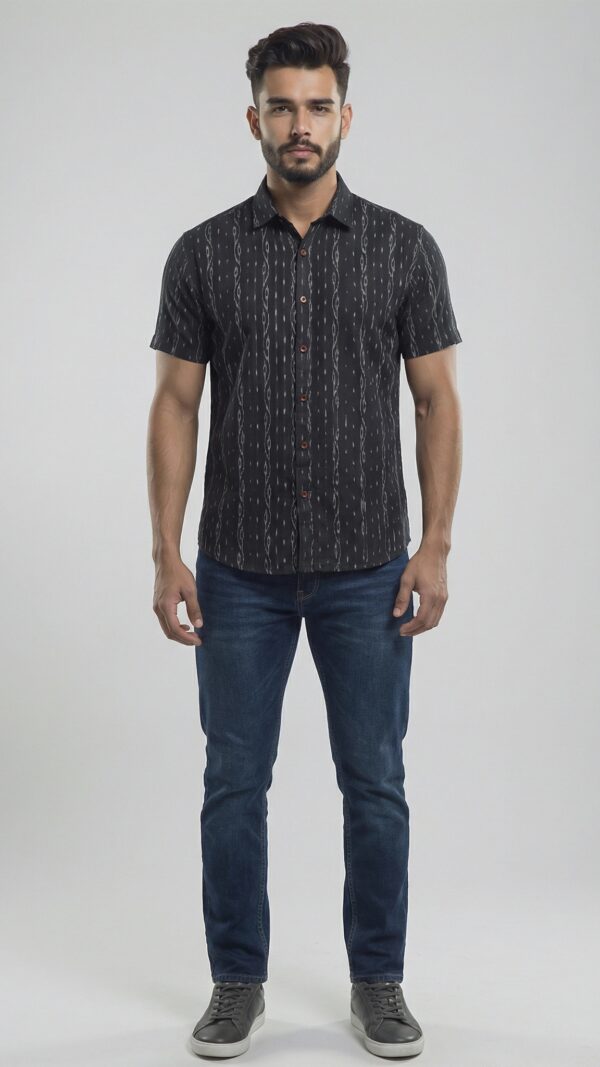 Men Black Grey Cotton Sambalpuri Handloom Vertical Pattern Shirt
