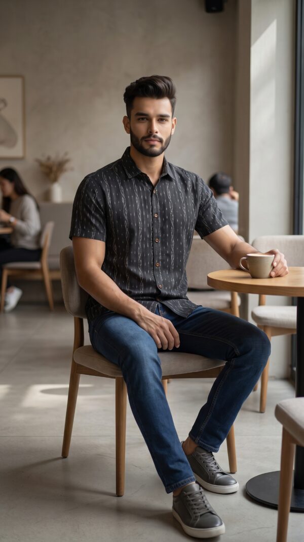 Men Black Grey Cotton Sambalpuri Handloom Vertical Pattern Shirt