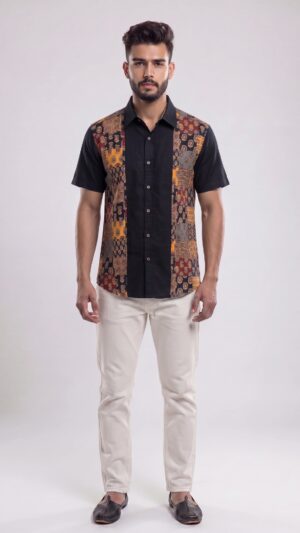 Untitled design - 1 Men Black Multicolor Cotton Block print Handloom Shirt