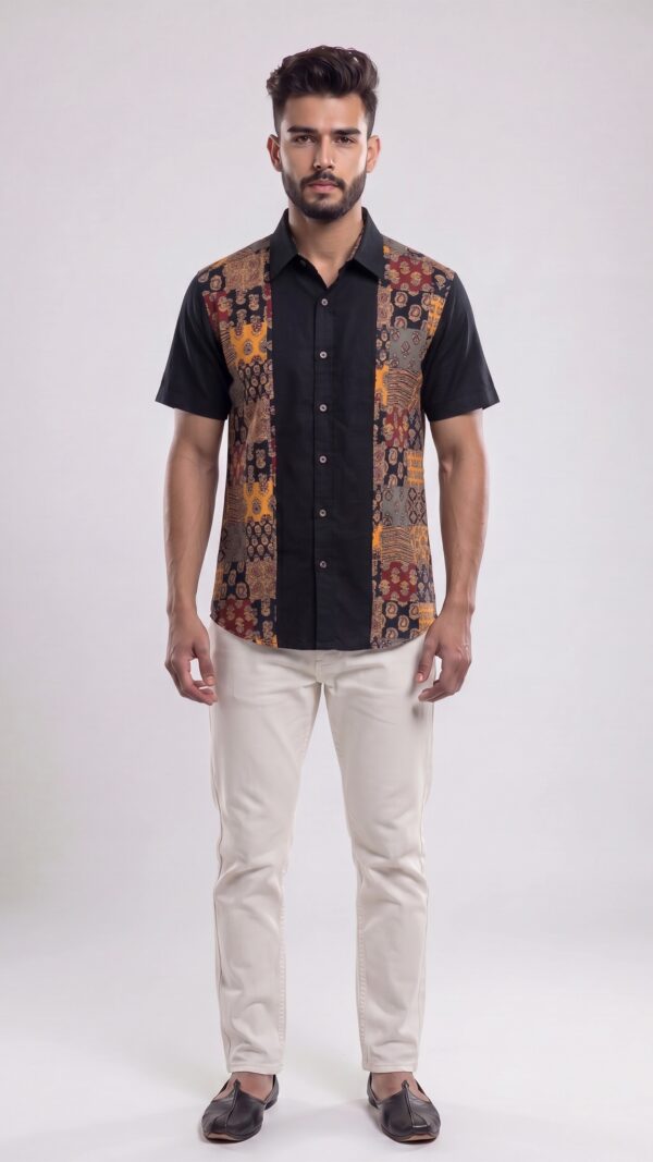 Untitled design - 1 Men Black Multicolor Cotton Block print Handloom Shirt