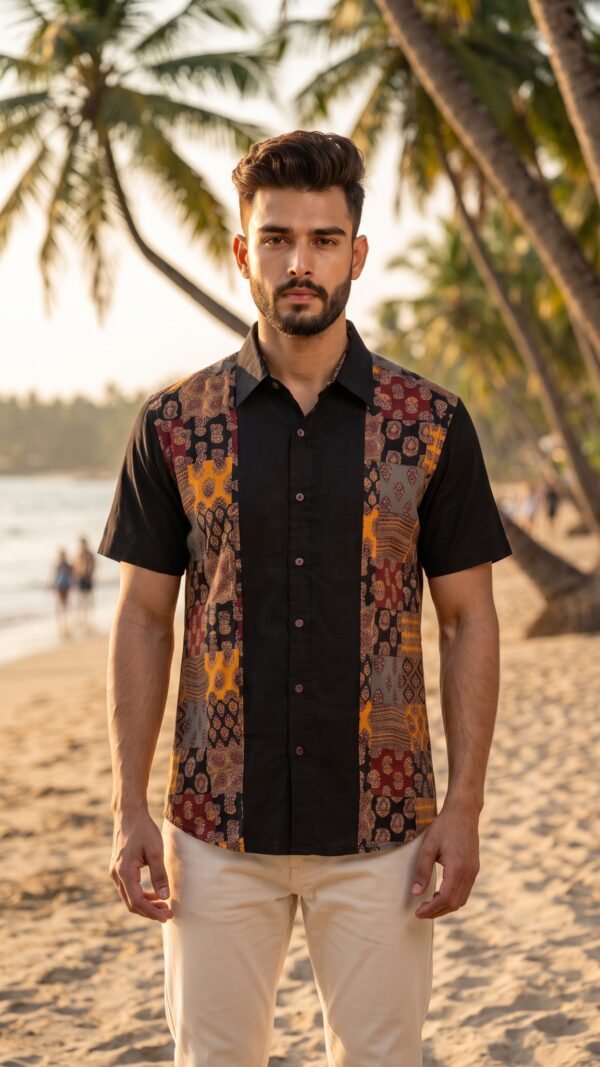 Untitled design - 5 Men Black Multicolor Cotton Block print Handloom Shirt