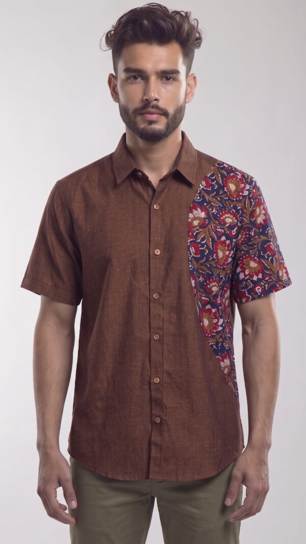 Men Brown Multicolor Cotton Block print Handloom Shirt