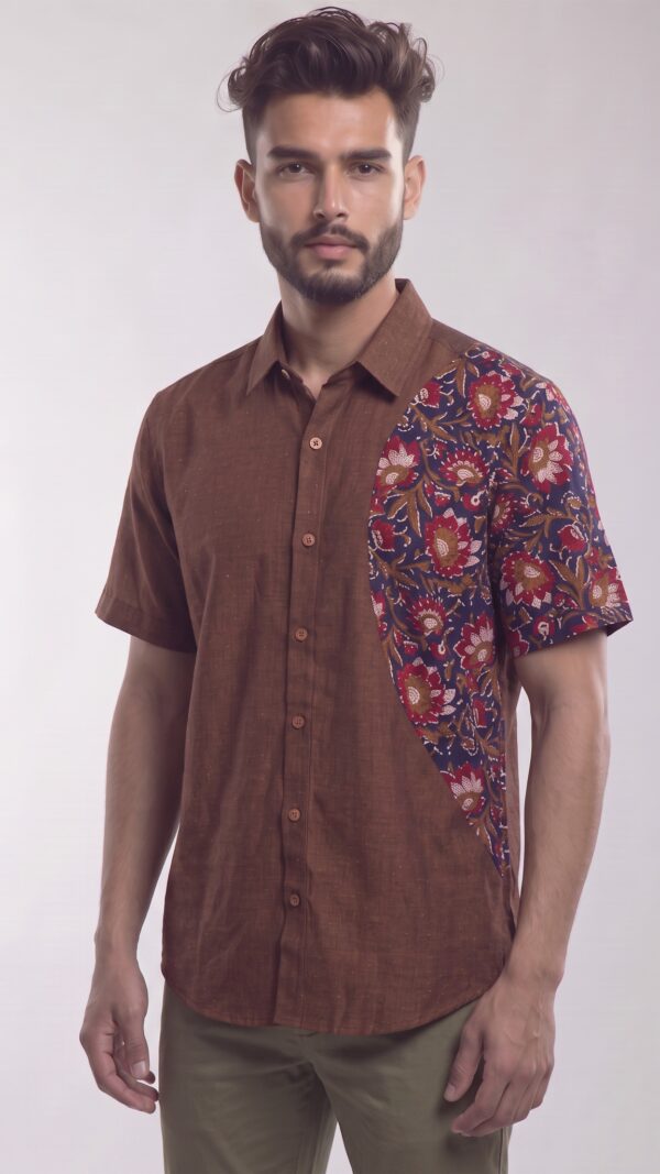 Men Brown Multicolor Cotton Block print Handloom Shirt