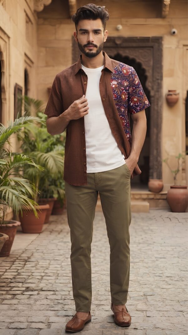 Men Brown Multicolor Cotton Block print Handloom Shirt
