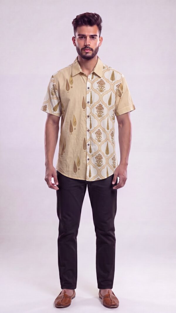 Untitled design - 1 Men Cream Gold Brown Cotton Floral Handloom Shirt