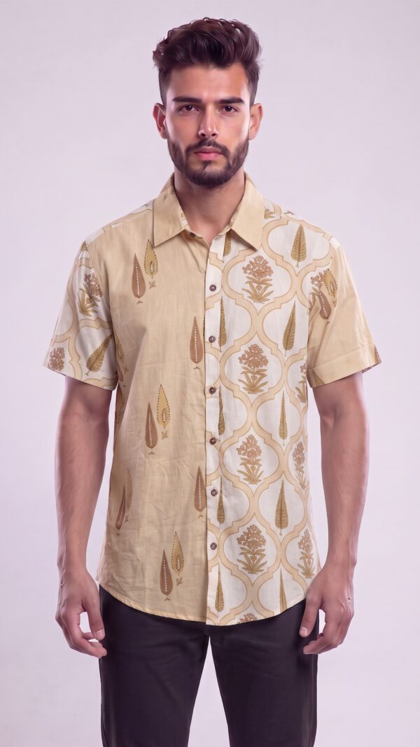 Untitled design - 2 Men Cream Gold Brown Cotton Floral Handloom Shirt