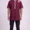 Men Deep Maroon Multicolor Cotton Ikat Vertical Pattern Handloom Short Kurta