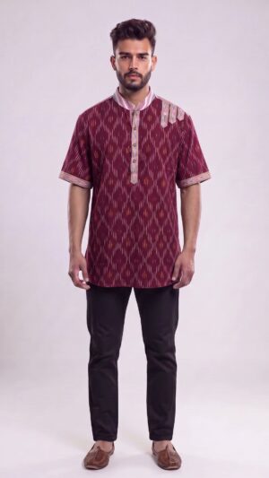 Untitled design - 1 Men Deep Maroon Multicolor Cotton Ikat Vertical Pattern Handloom Short Kurta