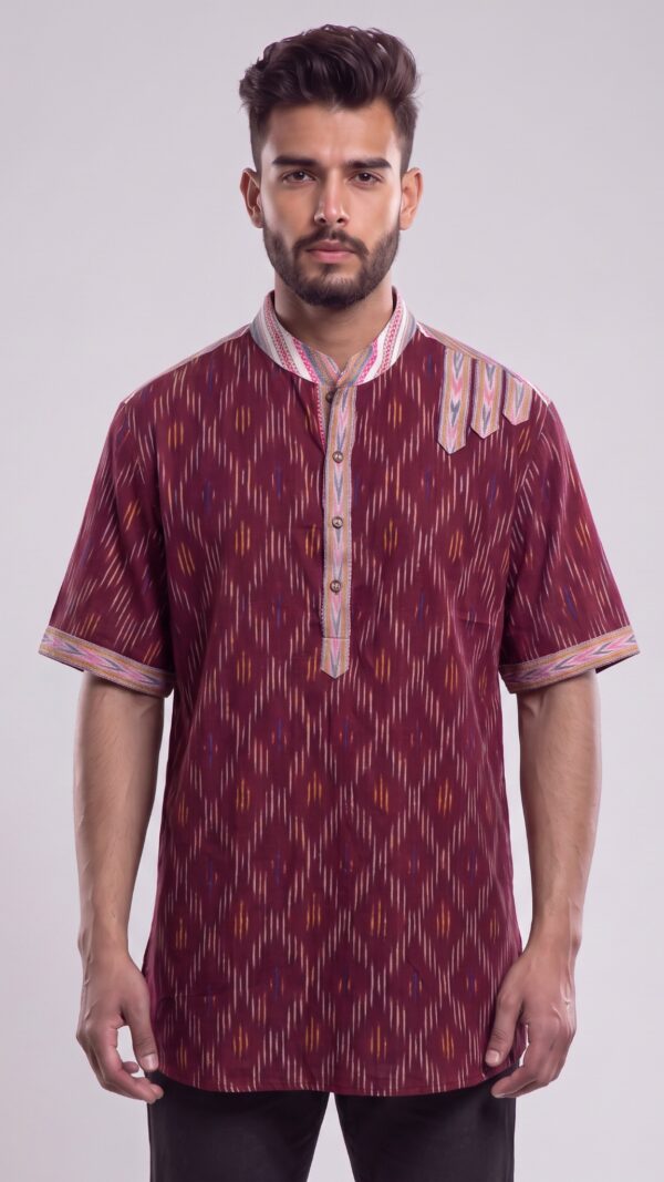 Men Deep Maroon Multicolor Cotton Ikat Vertical Pattern Handloom Short Kurta
