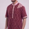 Men Deep Maroon Multicolor Cotton Ikat Vertical Pattern Handloom Short Kurta