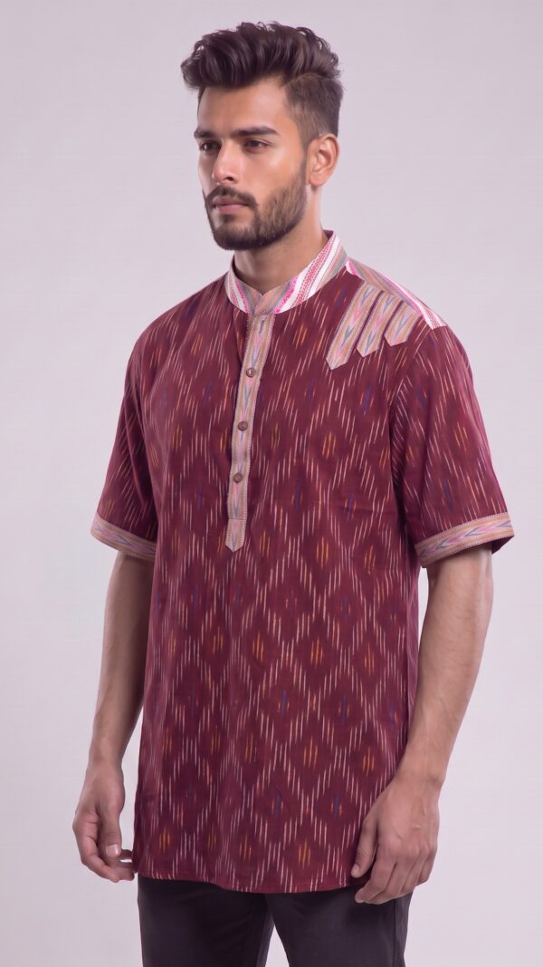 Men Deep Maroon Multicolor Cotton Ikat Vertical Pattern Handloom Short Kurta