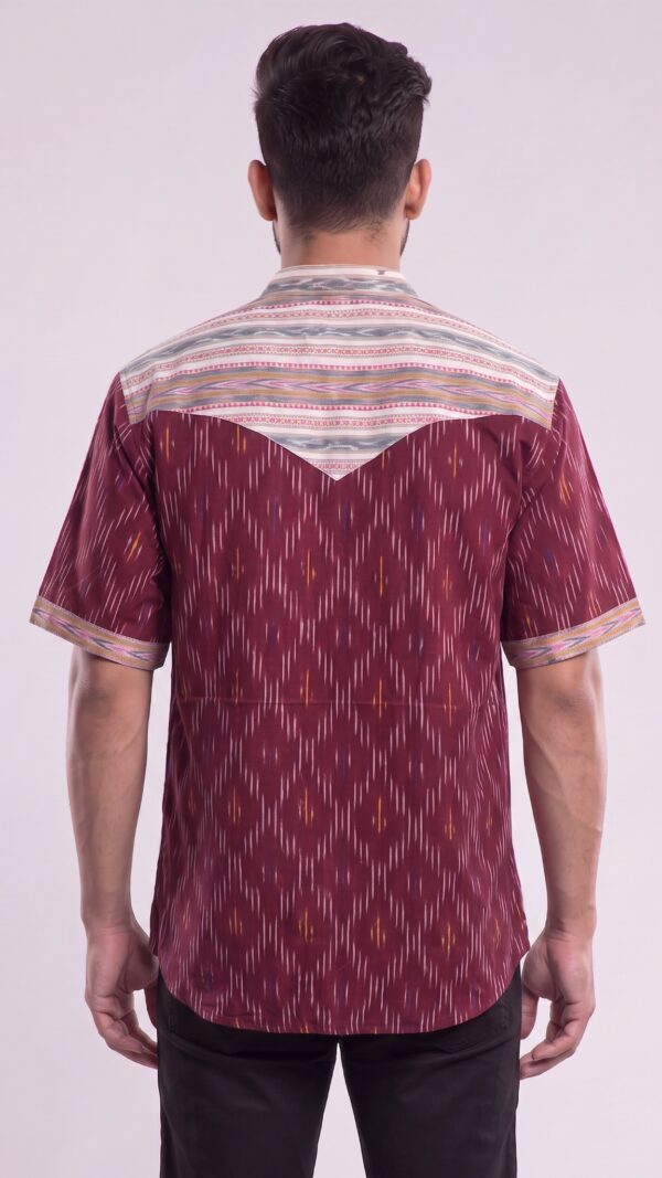 Men Deep Maroon Multicolor Cotton Ikat Vertical Pattern Handloom Short Kurta