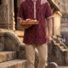 Men Deep Maroon Multicolor Cotton Ikat Vertical Pattern Handloom Short Kurta