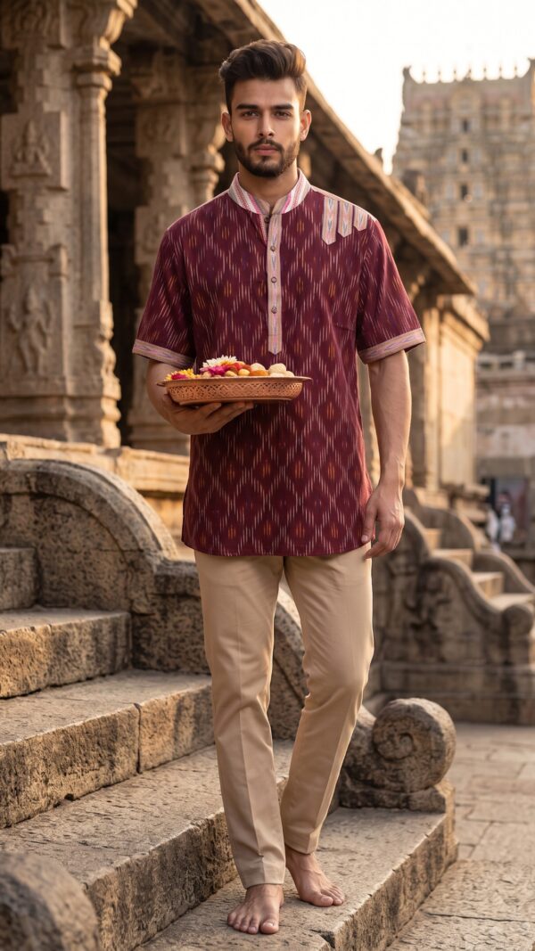 Men Deep Maroon Multicolor Cotton Ikat Vertical Pattern Handloom Short Kurta