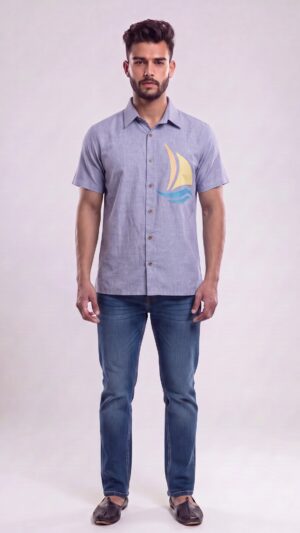 Untitled design - 1 Men Dusty Blue Cotton Applique Handloom Shirt