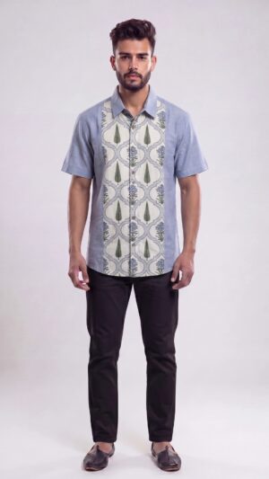 Untitled design - 1 Men Dusty Blue Off-White Cotton Floral Handloom Shirt