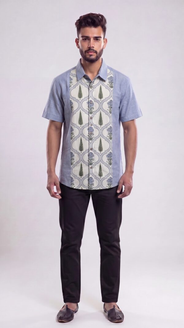 Men Dusty Blue Off-White Cotton Floral Handloom Shirt