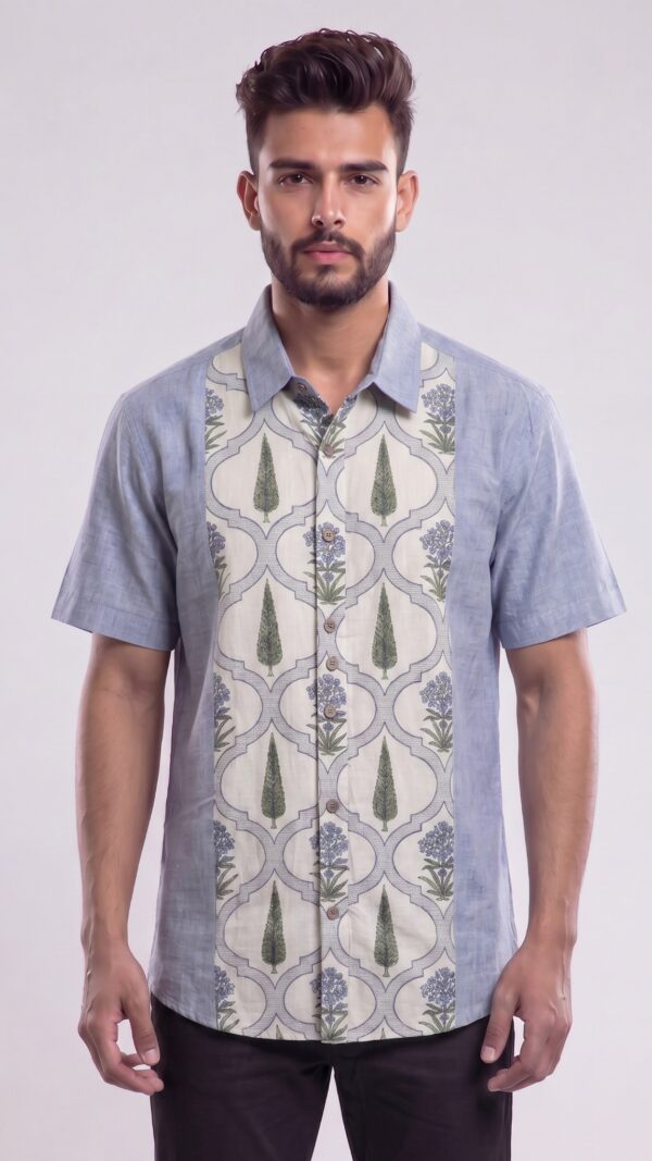 Men Dusty Blue Off-White Cotton Floral Handloom Shirt