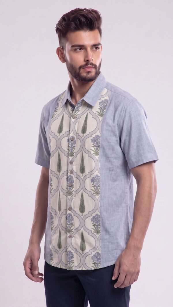 Men Dusty Blue Off-White Cotton Floral Handloom Shirt