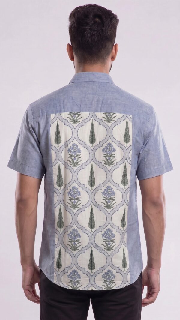 Men Dusty Blue Off-White Cotton Floral Handloom Shirt