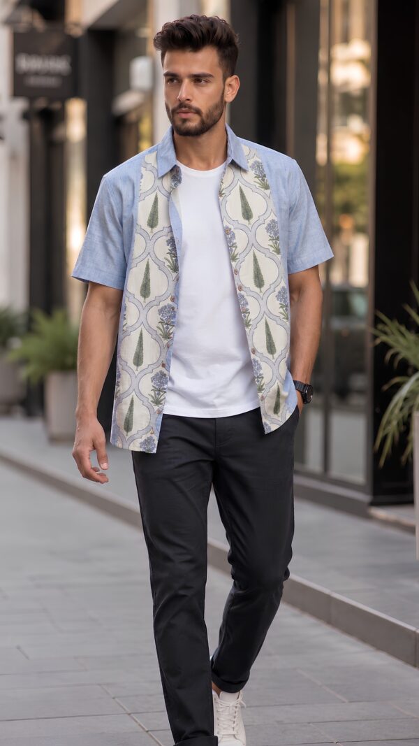 Men Dusty Blue Off-White Cotton Floral Handloom Shirt