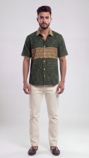 Untitled design - 1 Men Forest Green Brown Cotton Block print Handloom Shirt