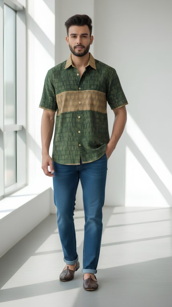 Untitled design - 5 Men Forest Green Brown Cotton Block print Handloom Shirt
