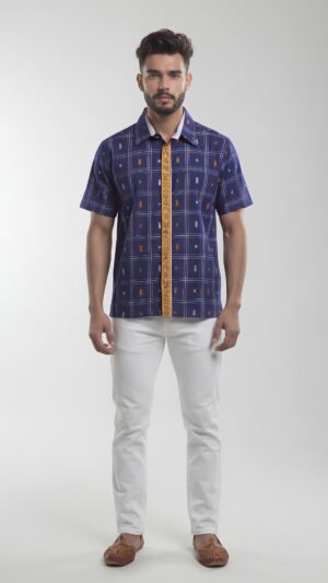 Untitled design - 1 Men Indigo Blue Mustard Yellow White Cotton Checker Handloom Shirt