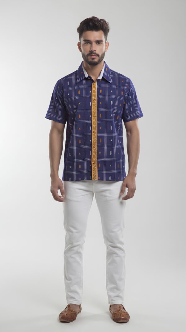 Men Indigo Blue Mustard Yellow  White Cotton Checker Handloom Shirt