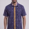 Men Indigo Blue Mustard Yellow  White Cotton Checker Handloom Shirt