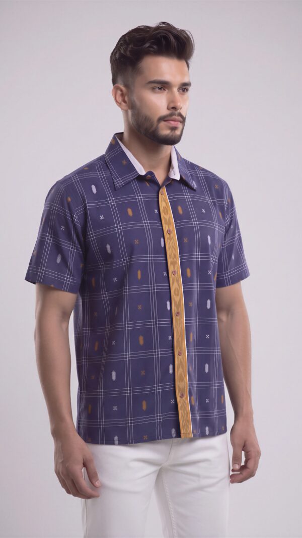 Men Indigo Blue Mustard Yellow  White Cotton Checker Handloom Shirt
