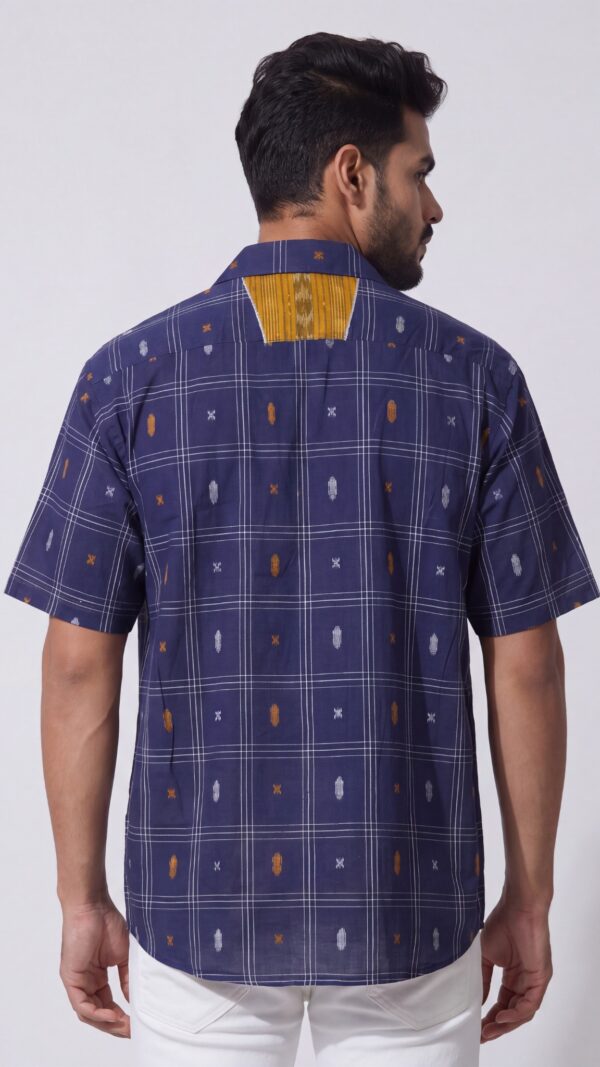 Men Indigo Blue Mustard Yellow  White Cotton Checker Handloom Shirt