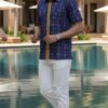 Men Indigo Blue Mustard Yellow  White Cotton Checker Handloom Shirt