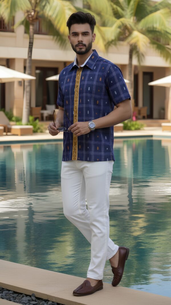 Men Indigo Blue Mustard Yellow  White Cotton Checker Handloom Shirt