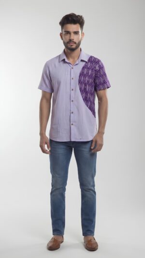 Untitled design - 1 Men Lavender Purple Cotton Mercerised Ikat Geometric Pattern Handloom Shirt