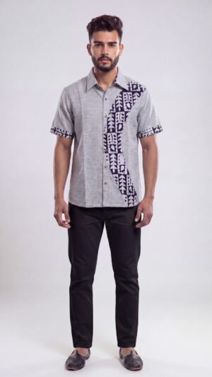 Men Light grey Blue Cotton Batik Print Handloom Shirt
