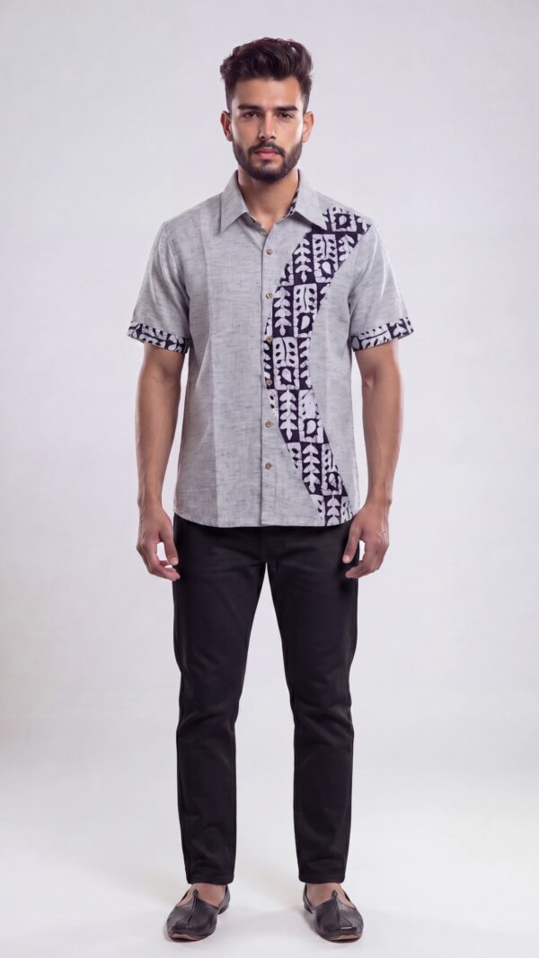 Untitled design - 1 Men Light grey Blue Cotton Batik Print Handloom Shirt